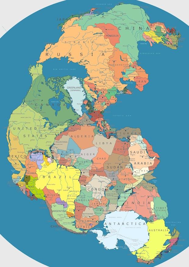Map of Pangea with current International borders